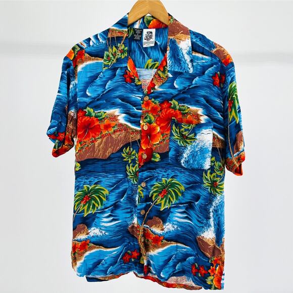 90s Kennington LTD Blue Orange Floral Hawaiian Tropical Short Sleeve Button Down - Picture 1 of 7